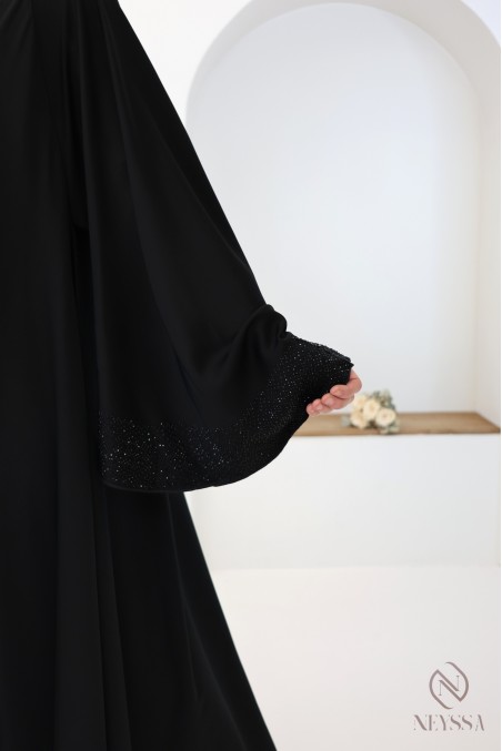 Abaya kimono Dubai  noir coupe umbrella avec strass pour l'aïd
