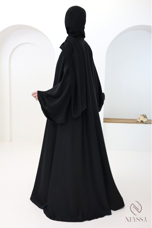 Black Dubai kimono abaya with umbrella cut and rhinestones for Eid