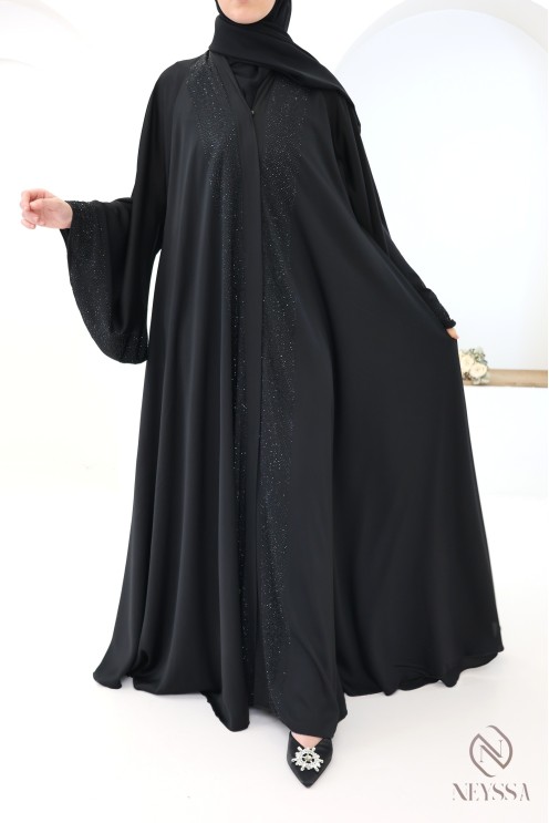 Abaya kimono Dubai  noir coupe umbrella avec strass pour l'aïd