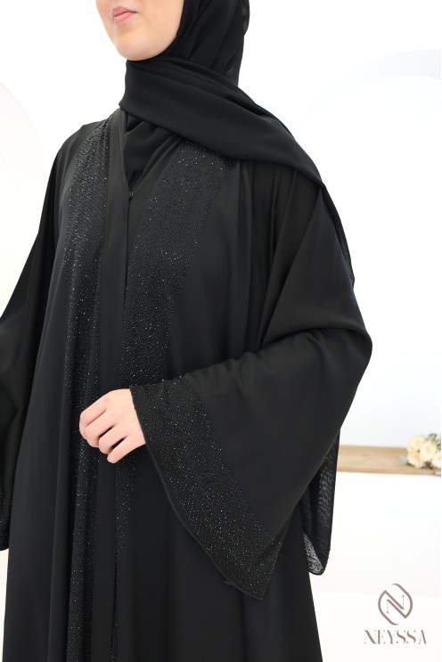Black Dubai kimono abaya with umbrella cut and rhinestones for Eid