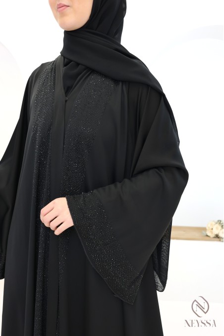 Black Dubai kimono abaya with umbrella cut and rhinestones for Eid