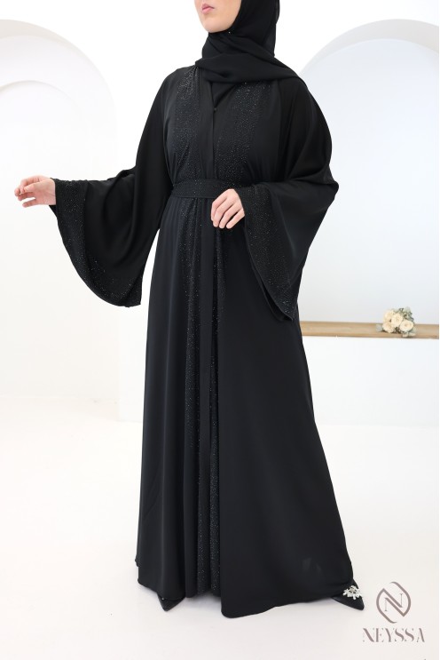 Abaya kimono Dubai  noir coupe umbrella avec strass pour l'aïd