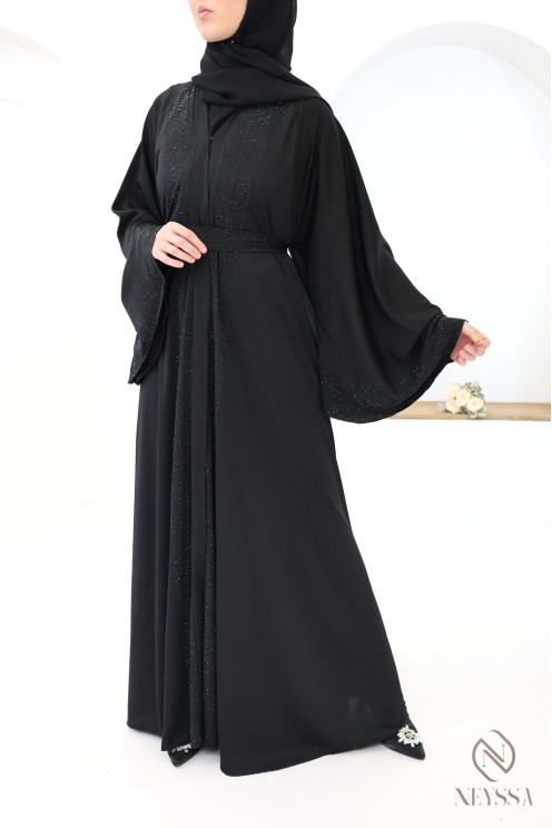 Abaya kimono Dubai  noir coupe umbrella avec strass pour l'aïd