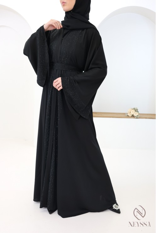 Abaya kimono Dubai  noir coupe umbrella avec strass pour l'aïd