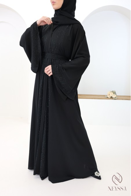 Abaya kimono Dubai  noir coupe umbrella avec strass pour l'aïd