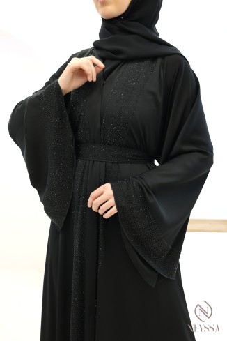 Abaya kimono Dubai  noir coupe umbrella avec strass pour l'aïd 2