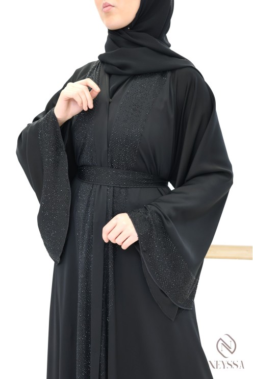 Abaya kimono Dubai  noir coupe umbrella avec strass pour l'aïd