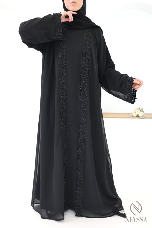 Black Dubai kimono abaya with lace and rhinestone details