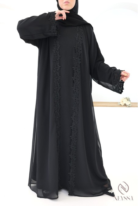 Abaya Dubaï kimono noir avec détails dentelles et strass