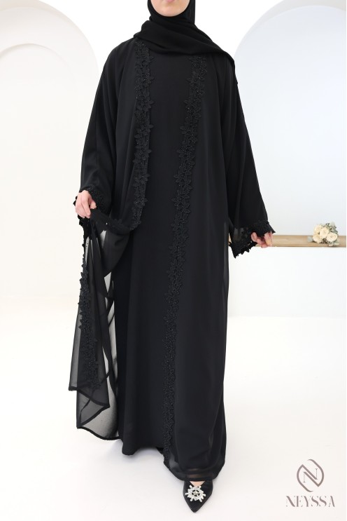 Abaya Dubai Kimono schwarz mit Spitzen- und Strassdetails