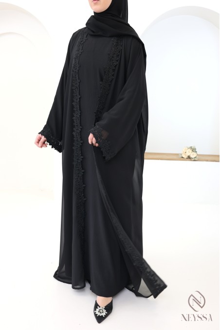 Black Dubai kimono abaya with lace and rhinestone details