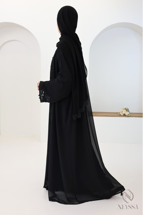 Abaya Dubaï kimono noir avec détails dentelles et strass
