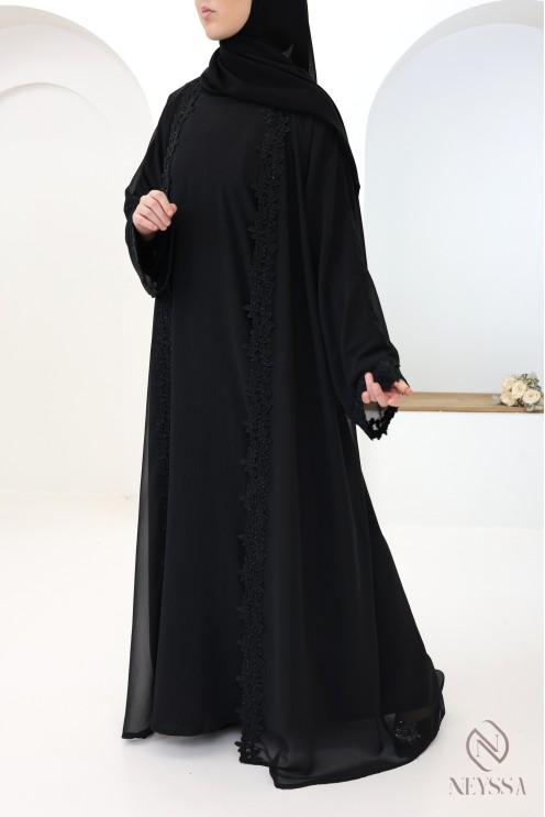 Abaya Dubai Kimono schwarz mit Spitzen- und Strassdetails