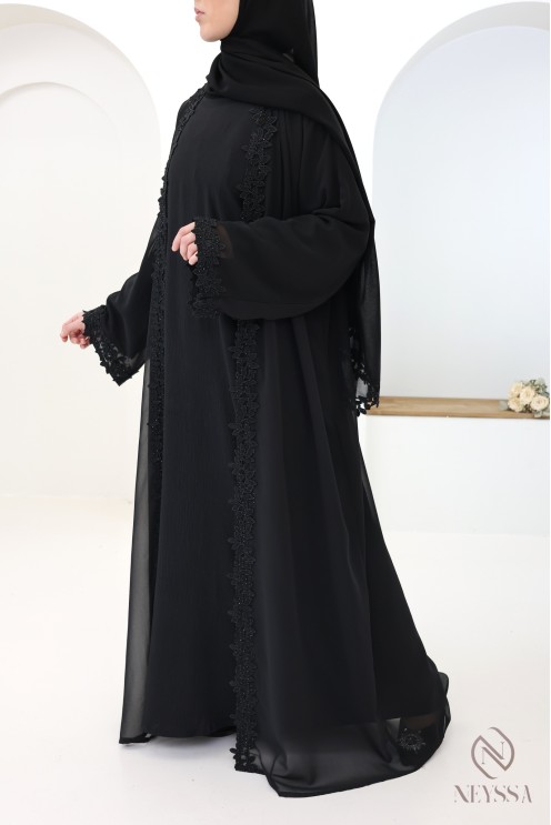 Black Dubai kimono abaya with lace and rhinestone details