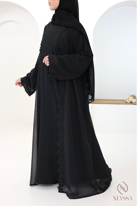 Black Dubai kimono abaya with lace and rhinestone details