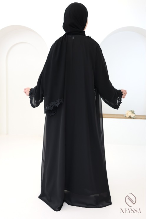 Black Dubai kimono abaya with lace and rhinestone details