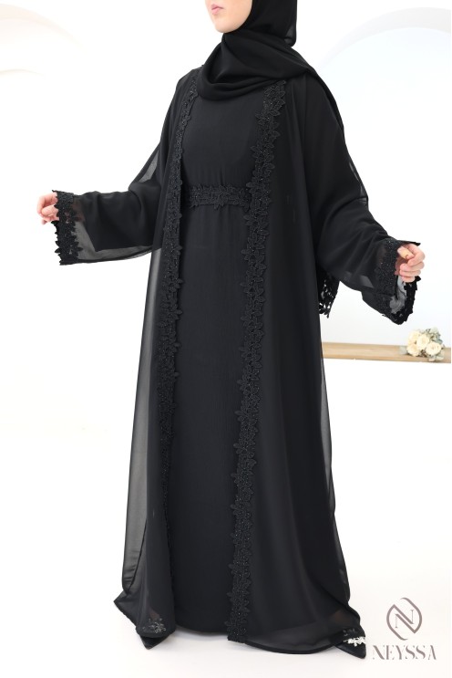 Abaya Dubaï kimono noir avec détails dentelles et strass