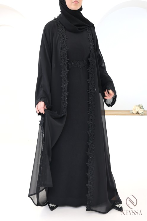 Abaya Dubai Kimono schwarz mit Spitzen- und Strassdetails