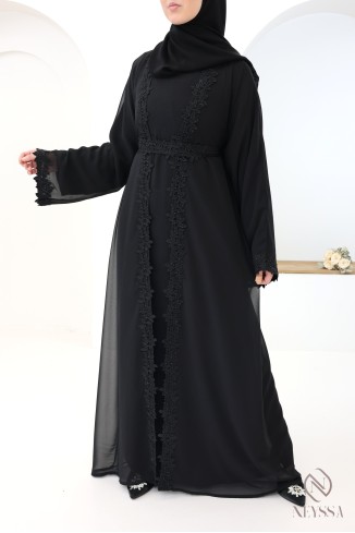 Abaya Dubaï kimono noir avec détails dentelles et strass