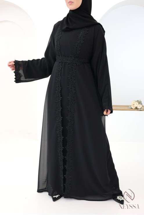 Abaya Dubaï kimono noir avec détails dentelles et strass