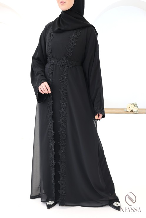Abaya Dubaï kimono noir avec détails dentelles et strass