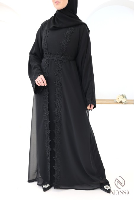 Abaya Dubaï kimono noir avec détails dentelles et strass