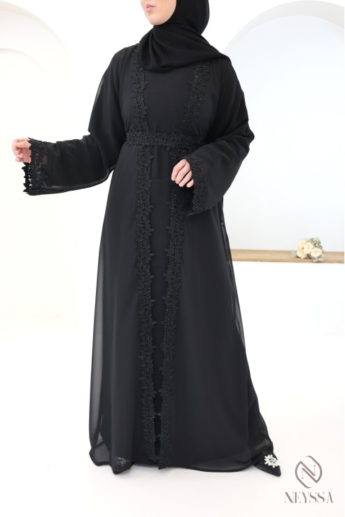 Abaya Dubaï kimono noir avec détails dentelles et strass
