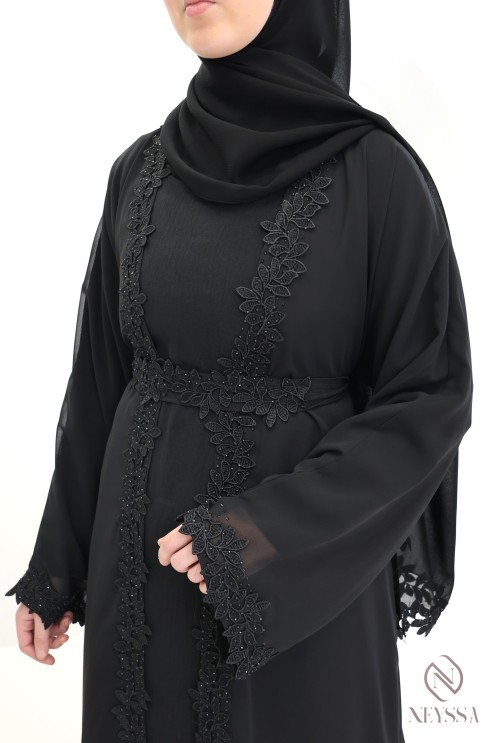 Abaya Dubai Kimono schwarz mit Spitzen- und Strassdetails
