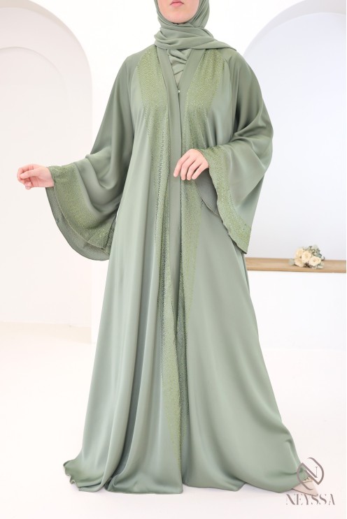Green Dubai kimono abaya with rhinestones, modern cut, chic