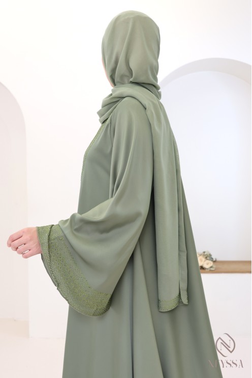 Grüne Kimono-Abaya Dubai mit Strasssteinen, moderner Schnitt