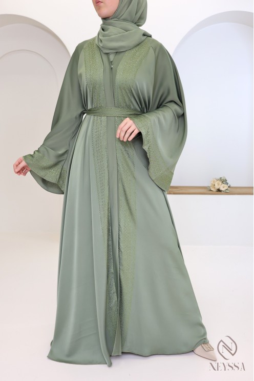 Green Dubai kimono abaya with rhinestones, modern cut, chic