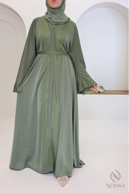 Green Dubai kimono abaya with rhinestones, modern cut, chic