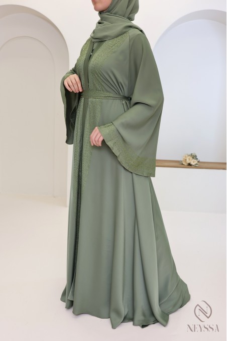 Grüne Kimono-Abaya Dubai mit Strasssteinen, moderner Schnitt