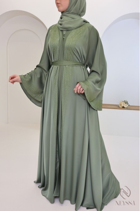 Green Dubai kimono abaya with rhinestones, modern cut, chic