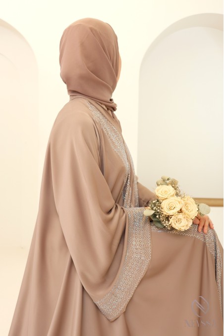 Abaya kimono Dubaï vieux rose tissu soyeux pour l'Aïd femme hijabi