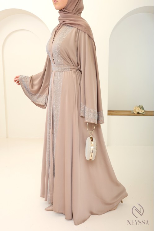 Abaya Kimono Dubai Altrosa Seidenstoff für Eid Hijabi-Frauen