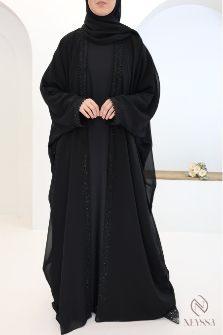 Abaya kimono Dubaï 2 en 1 noir, hijab et ceinture intégrée