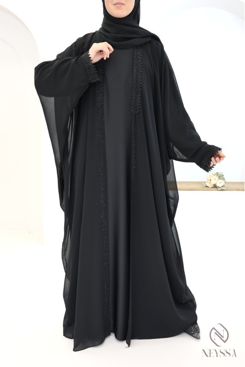 Abaya kimono Dubaï 2 en 1 noir, hijab et ceinture intégrée