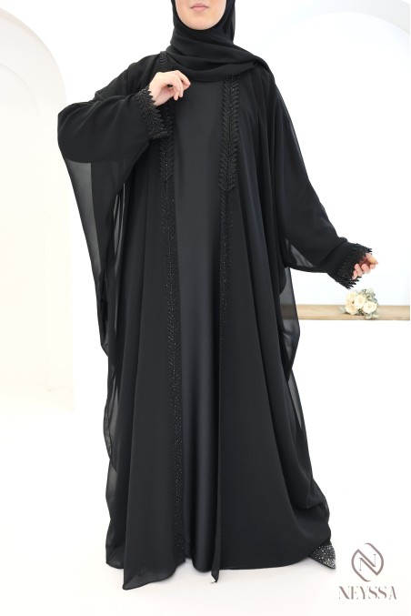 Black 2-in-1 Dubai kimono abaya, hijab and integrated belt