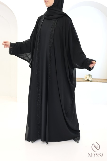 Abaya kimono Dubaï 2 en 1 noir, hijab et ceinture intégrée
