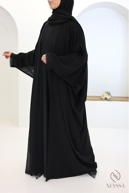 Abaya Kimono Dubai 2 in 1 schwarz, Hijab und integrierter Gürtel