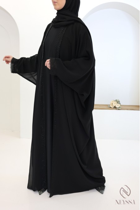 Abaya Kimono Dubai 2 in 1 schwarz, Hijab und integrierter Gürtel