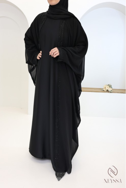 Abaya Kimono Dubai 2 in 1 schwarz, Hijab und integrierter Gürtel