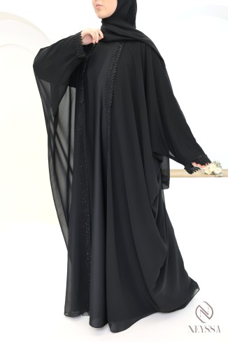 Abaya Kimono Dubai 2 in 1 schwarz, Hijab und integrierter Gürtel