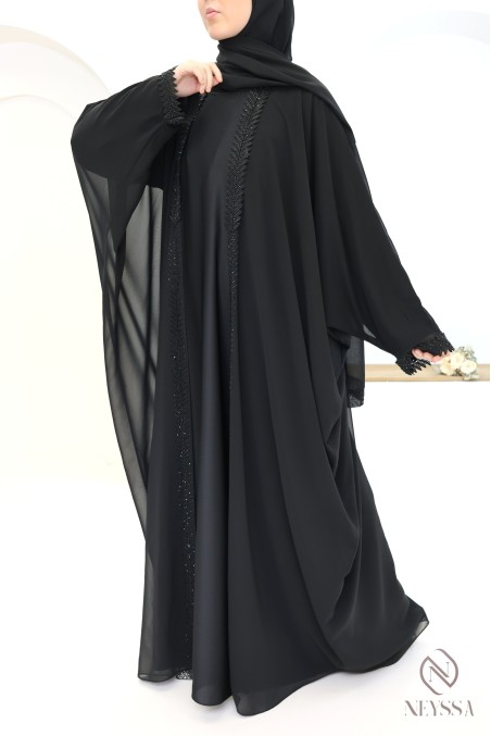 Abaya kimono Dubaï 2 en 1 noir, hijab et ceinture intégrée