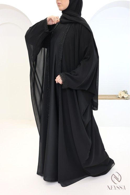 Abaya kimono Dubaï 2 en 1 noir, hijab et ceinture intégrée