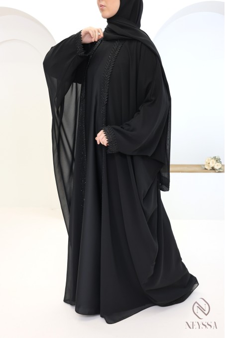 Abaya kimono Dubaï 2 en 1 noir, hijab et ceinture intégrée
