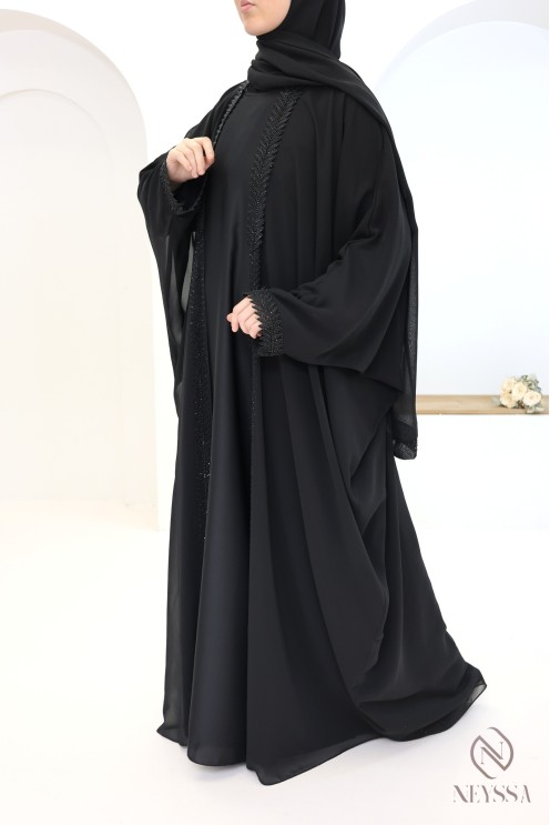 Black 2-in-1 Dubai kimono abaya, hijab and integrated belt