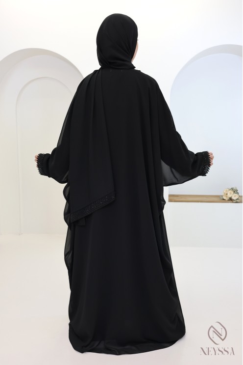 Black 2-in-1 Dubai kimono abaya, hijab and integrated belt