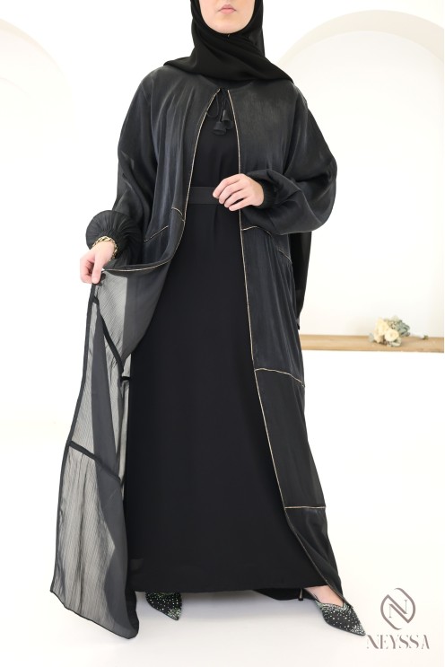 Women's Dubai kimono abaya, 3 pieces with organza hijab included